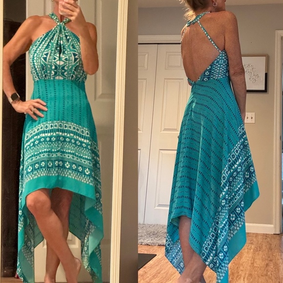 BCBG MAXAZRIA Dress Occasion Open Back Halter Top Handkerchief Hem Blue Print - Picture 4 of 16